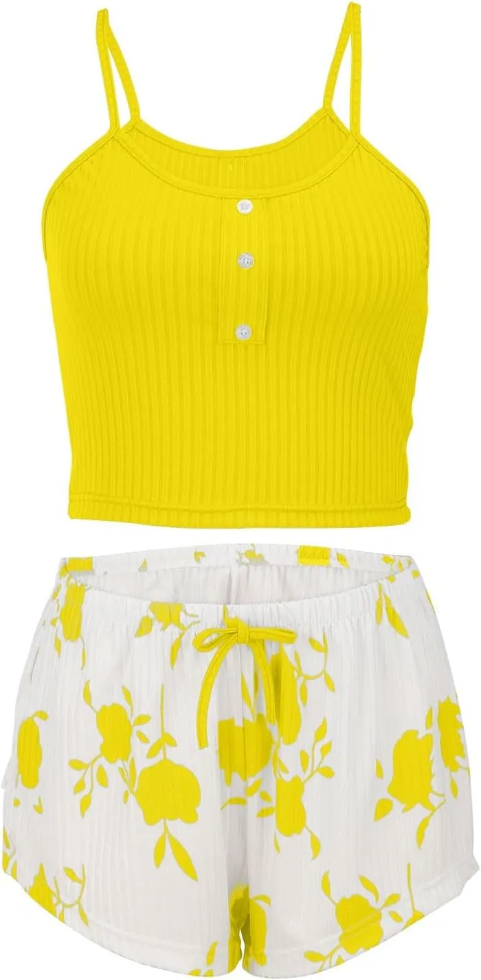 Womens Pajama Sets 2 Piece Soft Tank Top & Cute Print Elastic Waist Shorts Camisole Lounge Set
