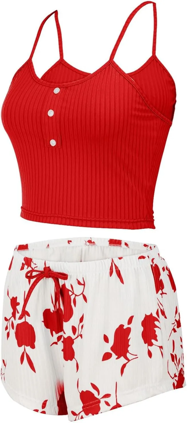 Womens Pajama Sets 2 Piece Soft Tank Top & Cute Print Elastic Waist Shorts Camisole Lounge Set
