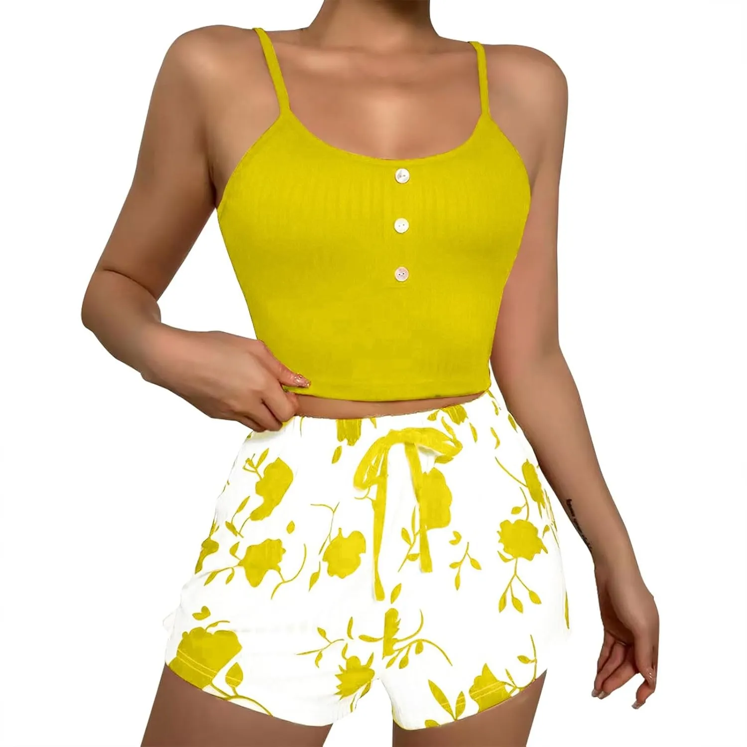 Womens Pajama Sets 2 Piece Soft Tank Top & Cute Print Elastic Waist Shorts Camisole Lounge Set