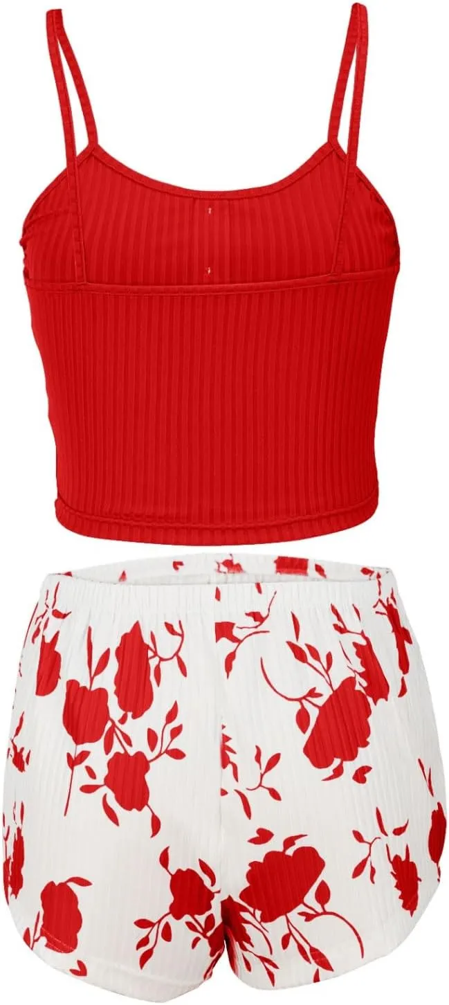 Womens Pajama Sets 2 Piece Soft Tank Top & Cute Print Elastic Waist Shorts Camisole Lounge Set