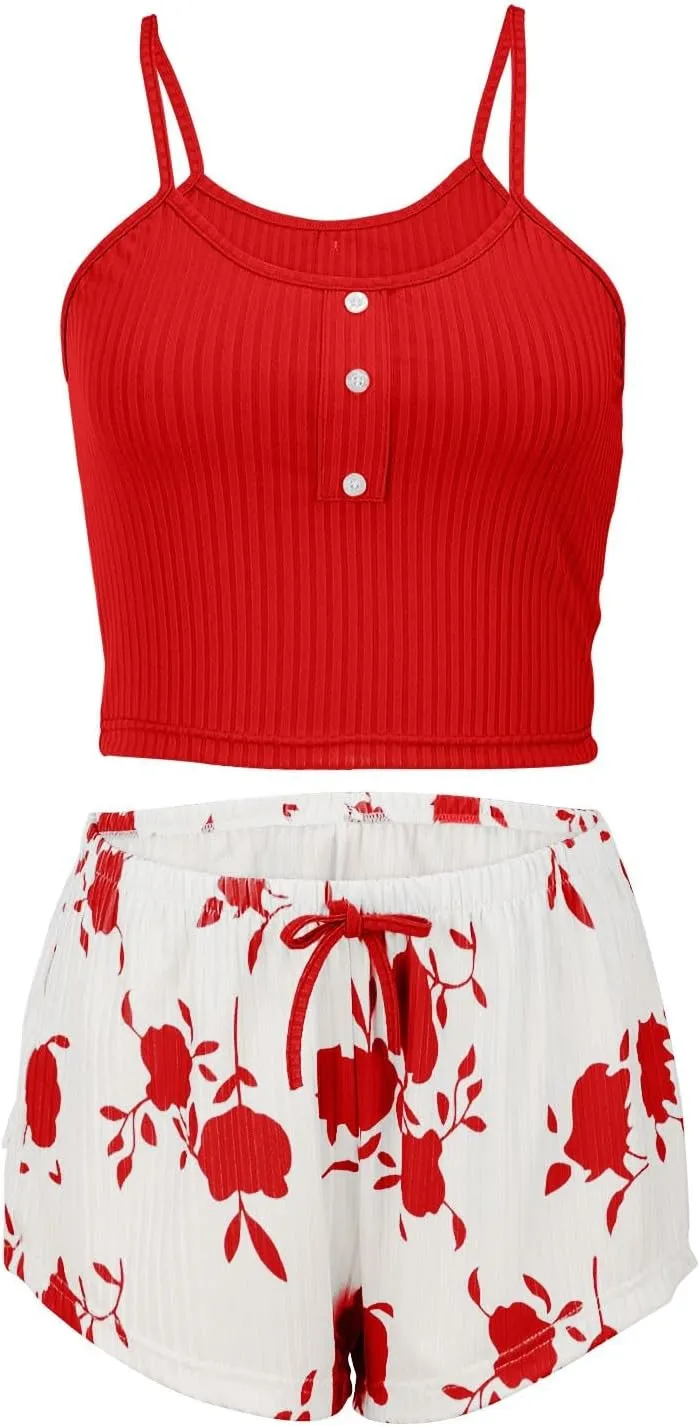 Womens Pajama Sets 2 Piece Soft Tank Top & Cute Print Elastic Waist Shorts Camisole Lounge Set