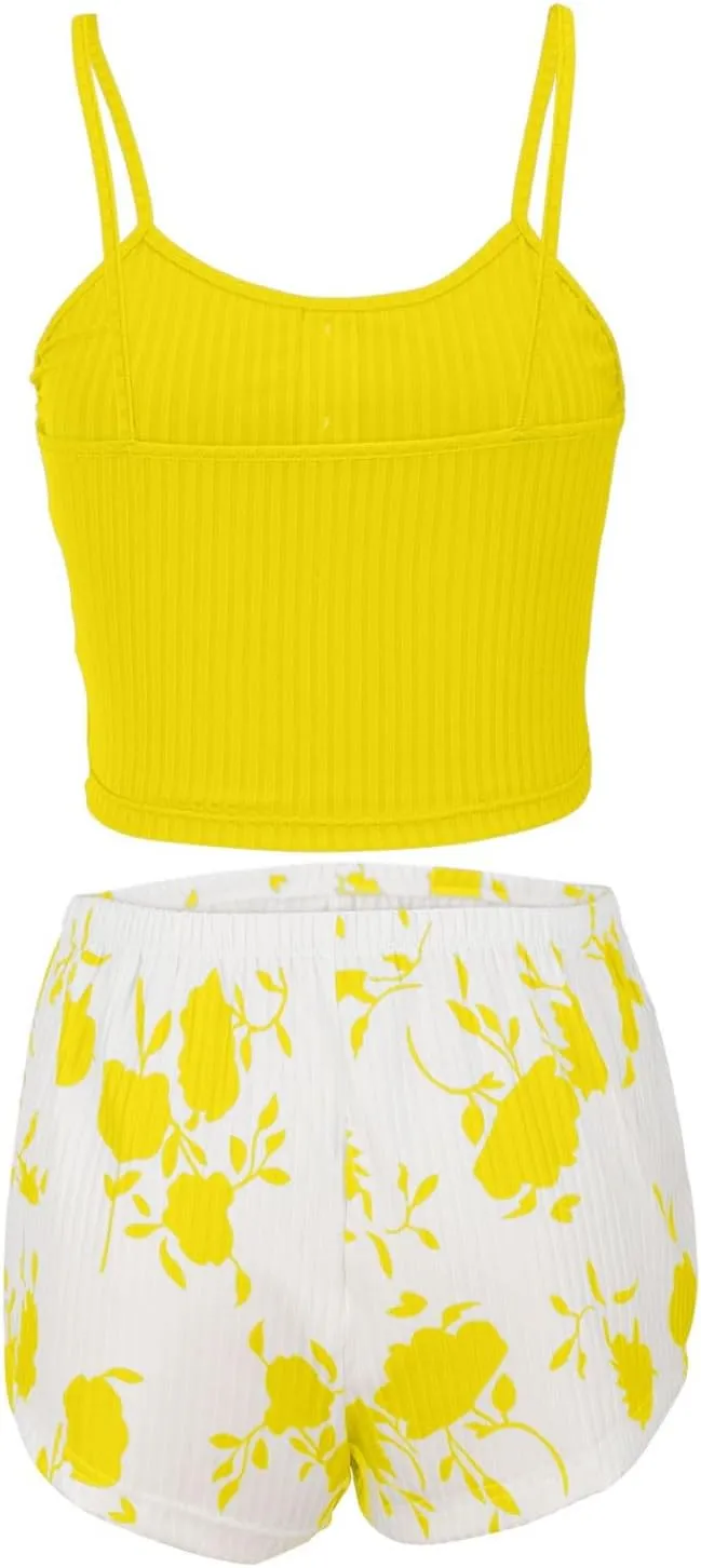 Womens Pajama Sets 2 Piece Soft Tank Top & Cute Print Elastic Waist Shorts Camisole Lounge Set