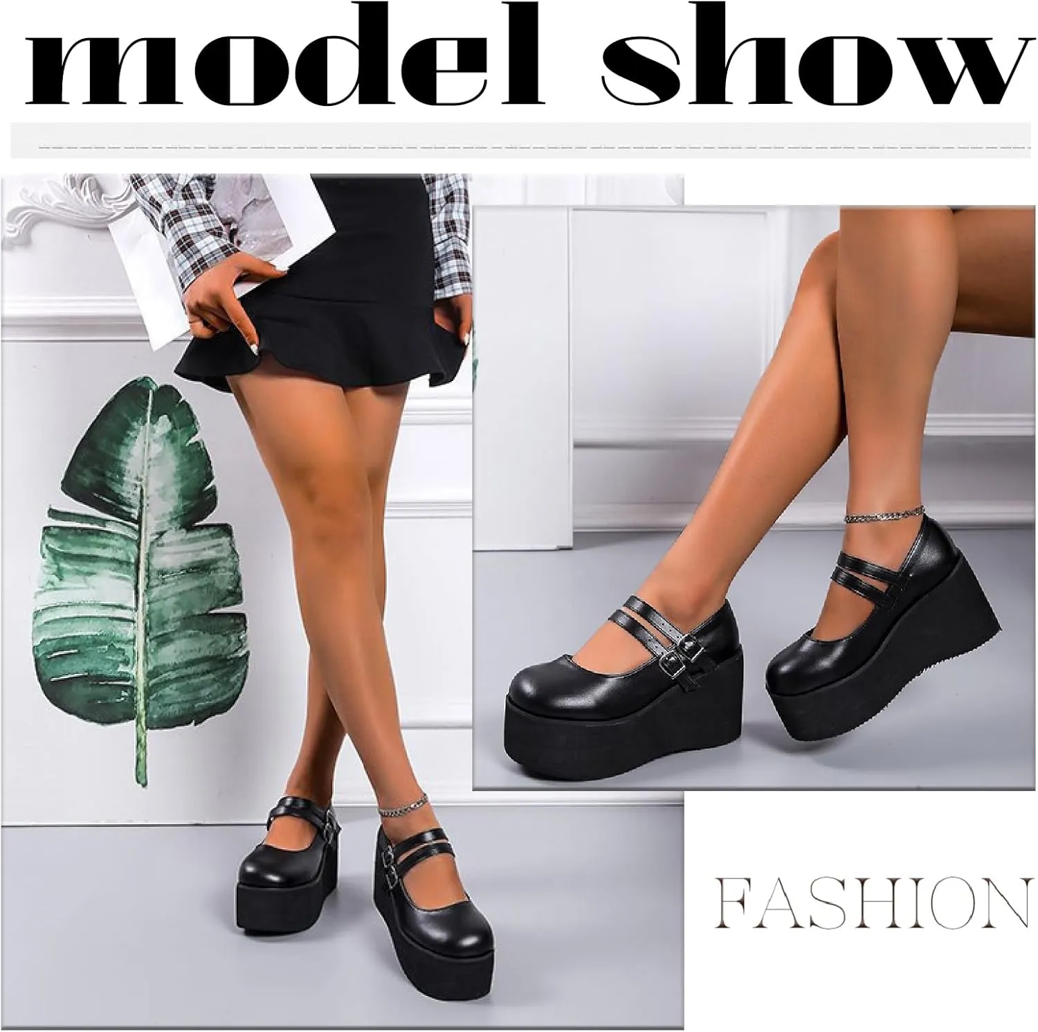 Women's Patent Leather Platform High Heel Mary Janes Pumps with Adjust Buckle Strap Fashion Comfort Round Toe Wedge Increase Height Uniform Dressy Shoes for Party Date Prom