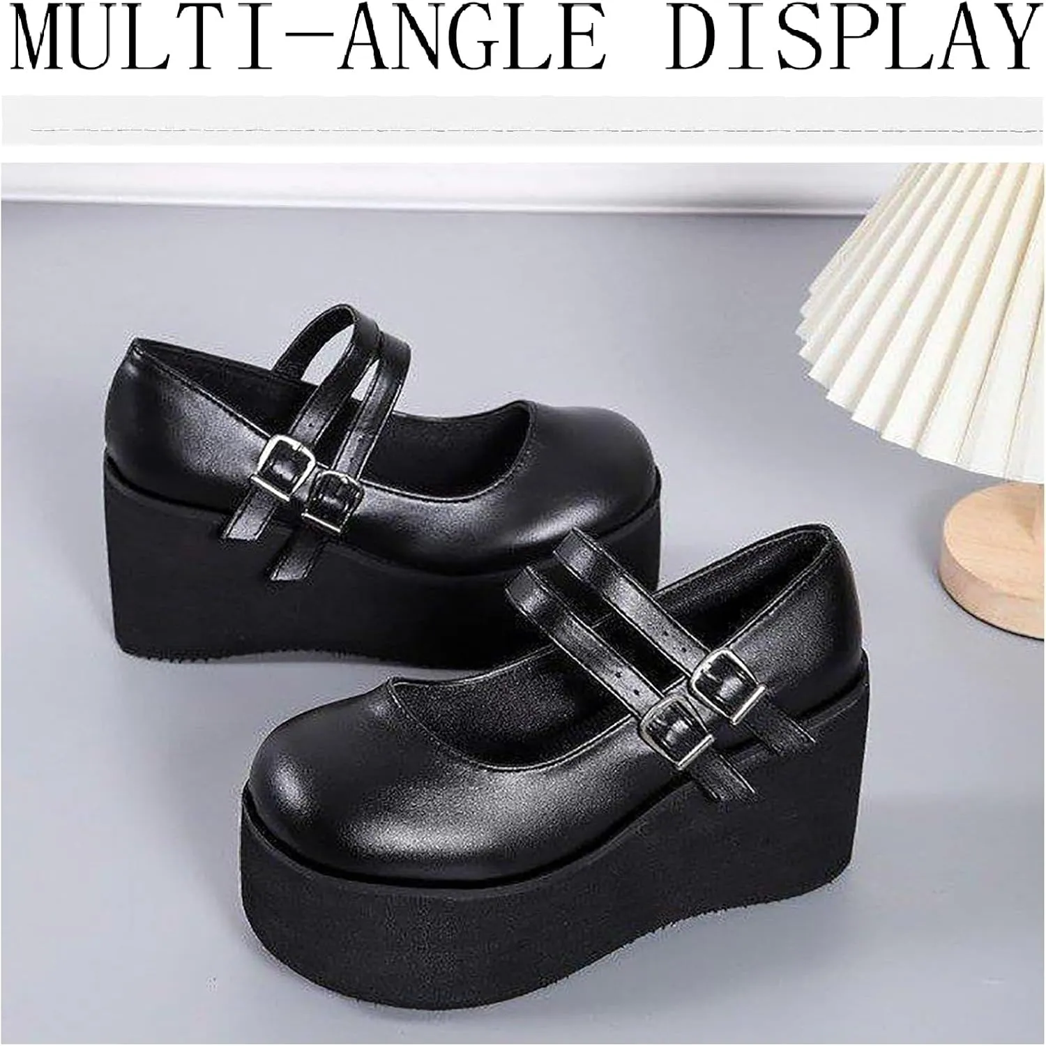 Women's Patent Leather Platform High Heel Mary Janes Pumps with Adjust Buckle Strap Fashion Comfort Round Toe Wedge Increase Height Uniform Dressy Shoes for Party Date Prom