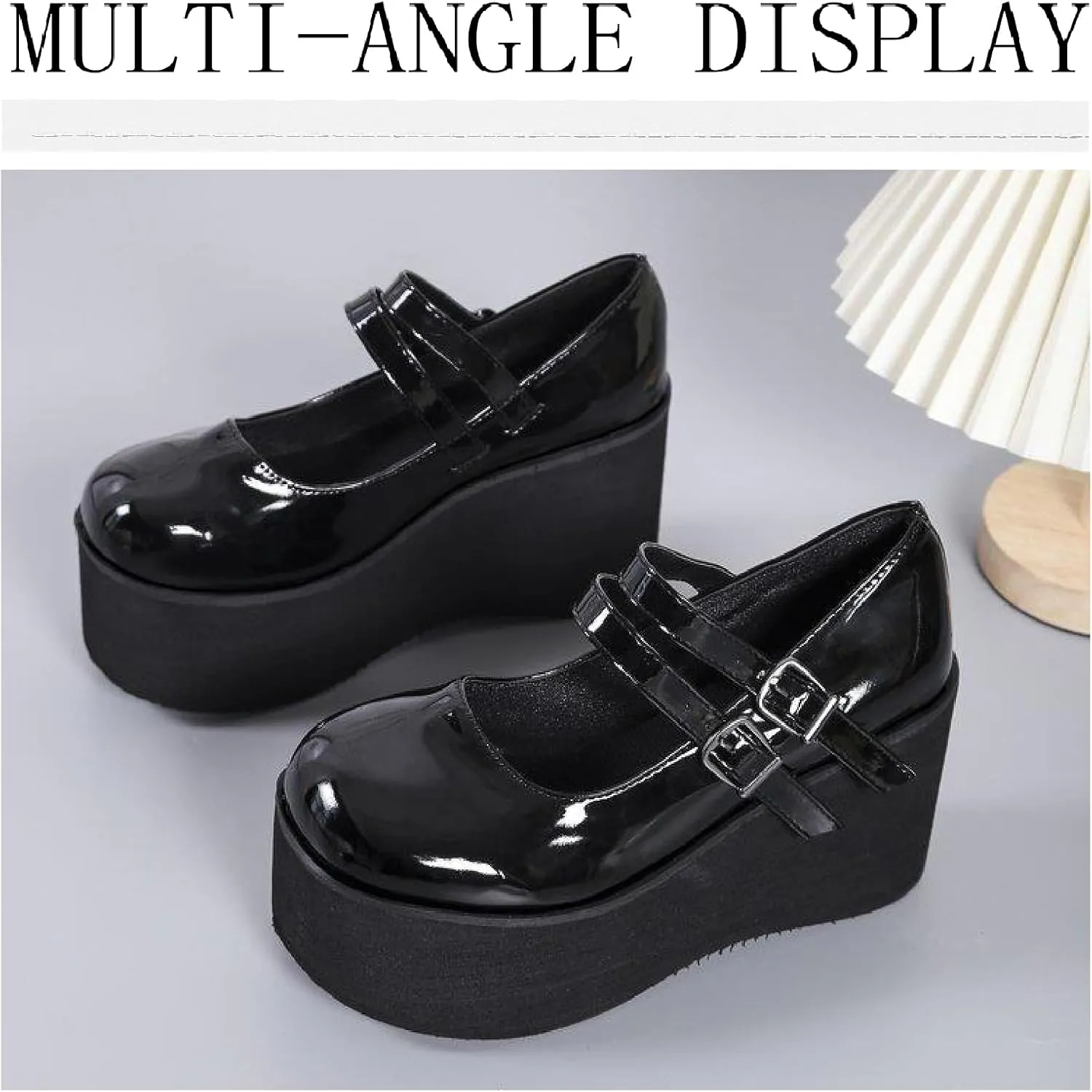 Women's Patent Leather Platform High Heel Mary Janes Pumps with Adjust Buckle Strap Fashion Comfort Round Toe Wedge Increase Height Uniform Dressy Shoes for Party Date Prom