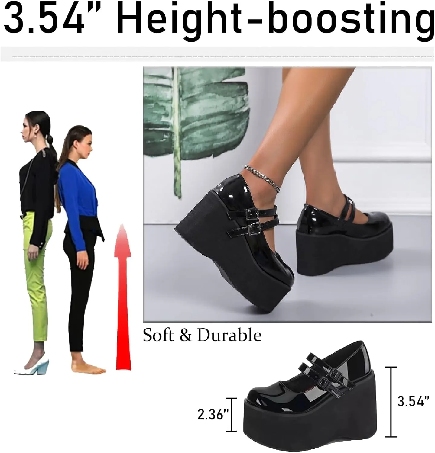 Women's Patent Leather Platform High Heel Mary Janes Pumps with Adjust Buckle Strap Fashion Comfort Round Toe Wedge Increase Height Uniform Dressy Shoes for Party Date Prom