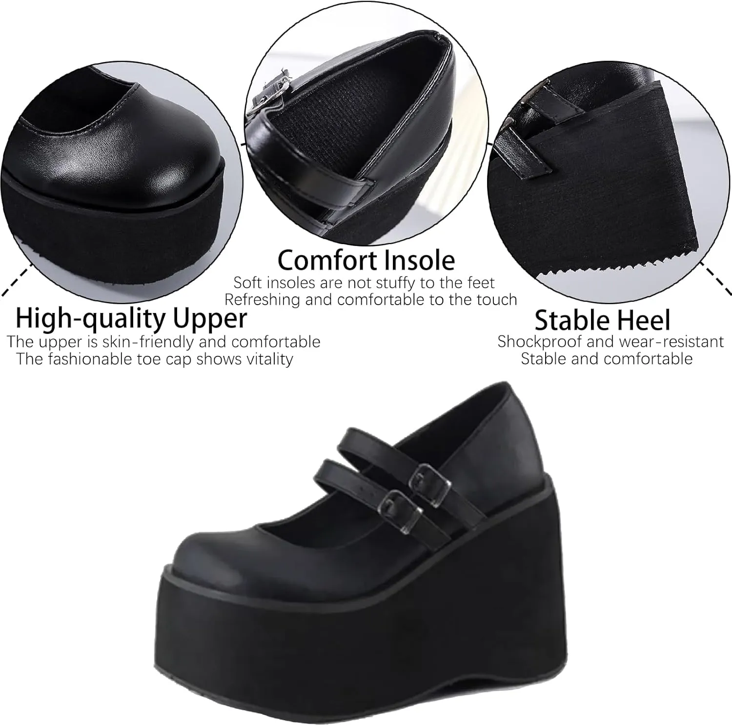 Women's Patent Leather Platform High Heel Mary Janes Pumps with Adjust Buckle Strap Fashion Comfort Round Toe Wedge Increase Height Uniform Dressy Shoes for Party Date Prom