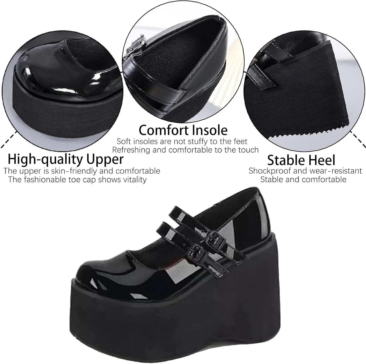 Women's Patent Leather Platform High Heel Mary Janes Pumps with Adjust Buckle Strap Fashion Comfort Round Toe Wedge Increase Height Uniform Dressy Shoes for Party Date Prom