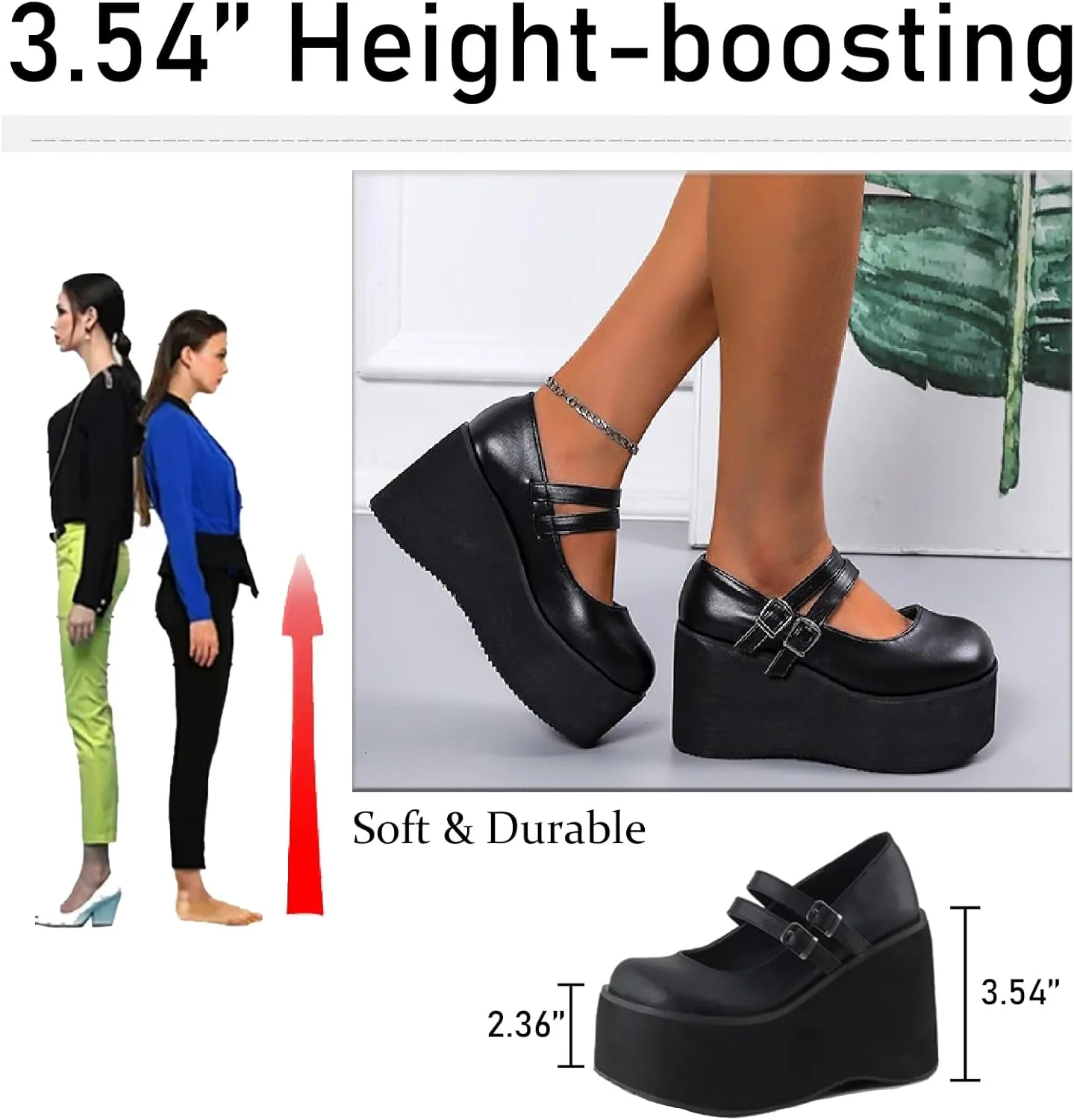 Women's Patent Leather Platform High Heel Mary Janes Pumps with Adjust Buckle Strap Fashion Comfort Round Toe Wedge Increase Height Uniform Dressy Shoes for Party Date Prom