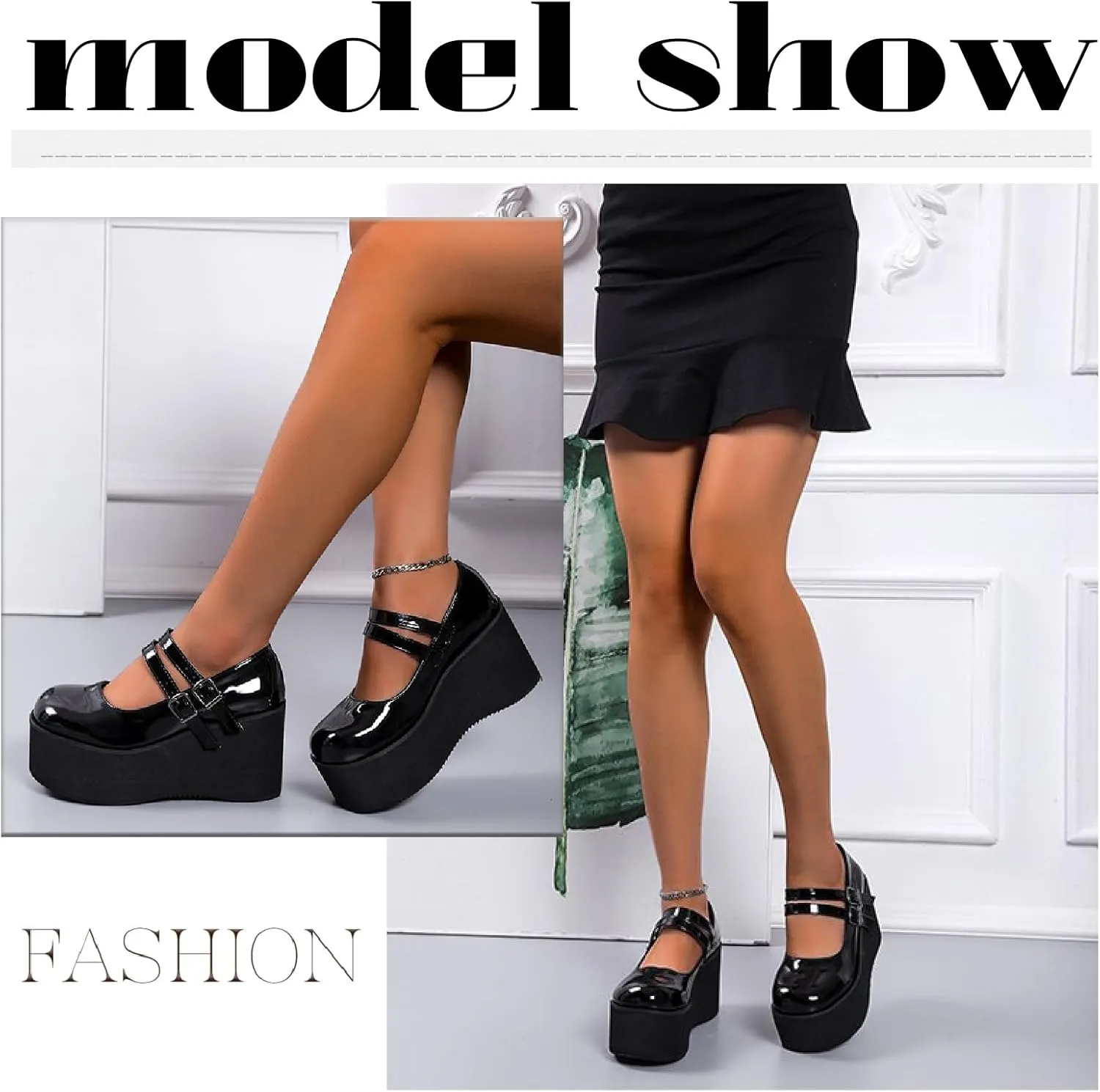 Women's Patent Leather Platform High Heel Mary Janes Pumps with Adjust Buckle Strap Fashion Comfort Round Toe Wedge Increase Height Uniform Dressy Shoes for Party Date Prom