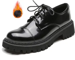 Women's Patent Leather Platform Oxfords Classic Lace Up Comfortable Round Toe Non-Slip Lug Sole Chunky Heel Uniform Dress Shoes for Business Casual Work Office