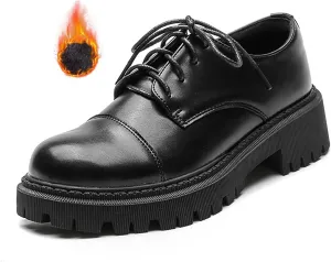 Women's Patent Leather Platform Oxfords Classic Lace Up Comfortable Round Toe Non-Slip Lug Sole Chunky Heel Uniform Dress Shoes for Business Casual Work Office