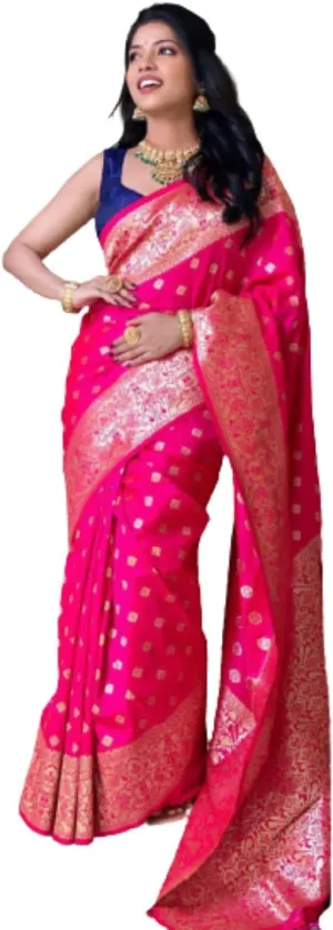 Women's Pure Lichi Silk Indian Wedding Wear kanjeevaram Saree with UnStitched Blouse Piece