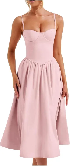 Womens Sexy Square Neck Corset Dress Sleeveless Spaghetti Strap Bustier Midi Dresses Backless Cottagecore Sundresses