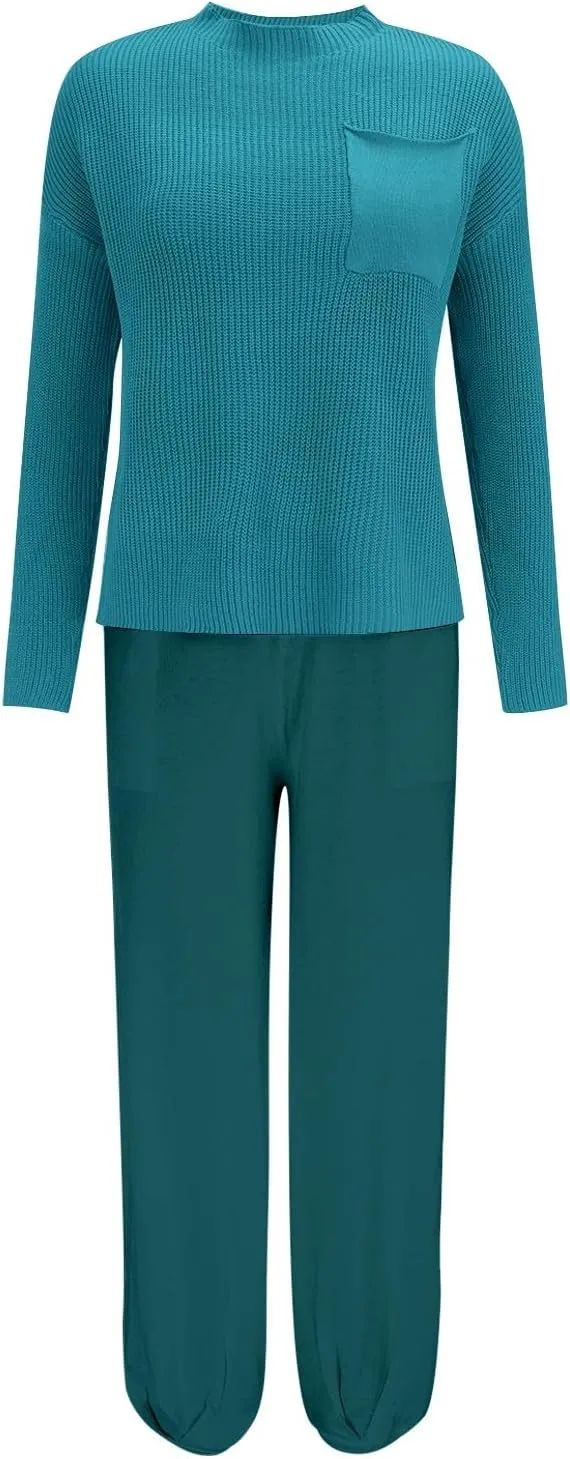 Women's Trendy Sweatsuits Chest Pocket Knit Long Sleeve Pullover Sweater and Jogger Pants Sets Casual Two Piece Lounge Outfit