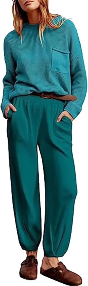 Women's Trendy Sweatsuits Chest Pocket Knit Long Sleeve Pullover Sweater and Jogger Pants Sets Casual Two Piece Lounge Outfit