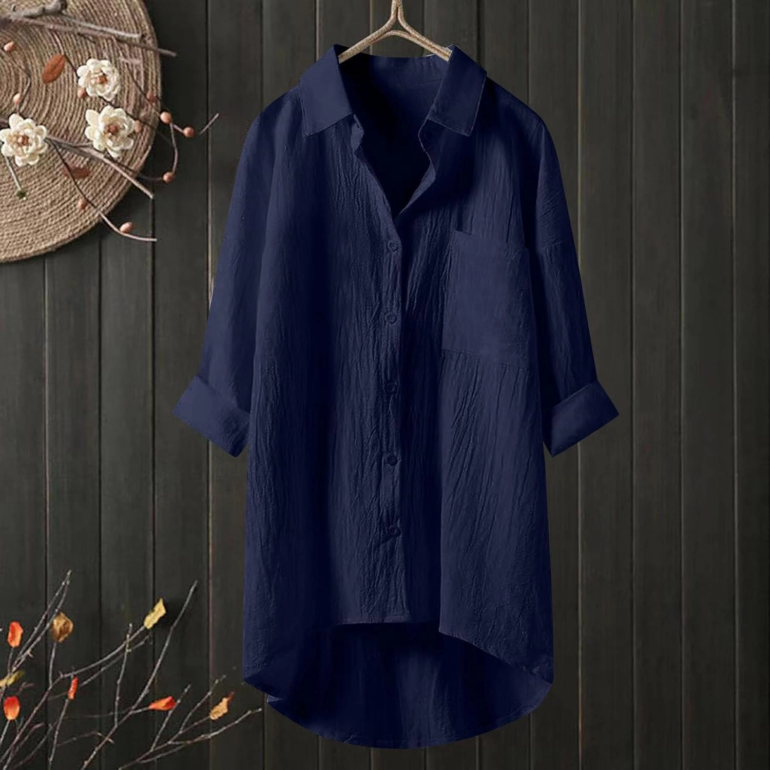 Womens Cotton Linen Button Down Flowy Shirts Long Sleeve V Neck Elegant High Low Loose Tops Plain Oversize Blouse