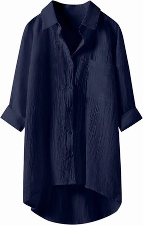 Womens Cotton Linen Button Down Flowy Shirts Long Sleeve V Neck Elegant High Low Loose Tops Plain Oversize Blouse