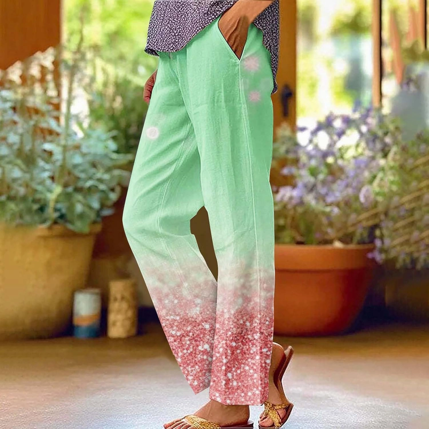 Womens Cotton Linen Pants Elastic High Waist Straight Leg Loose Comfy Lounge Pants Casual Slacks Summer Trousers