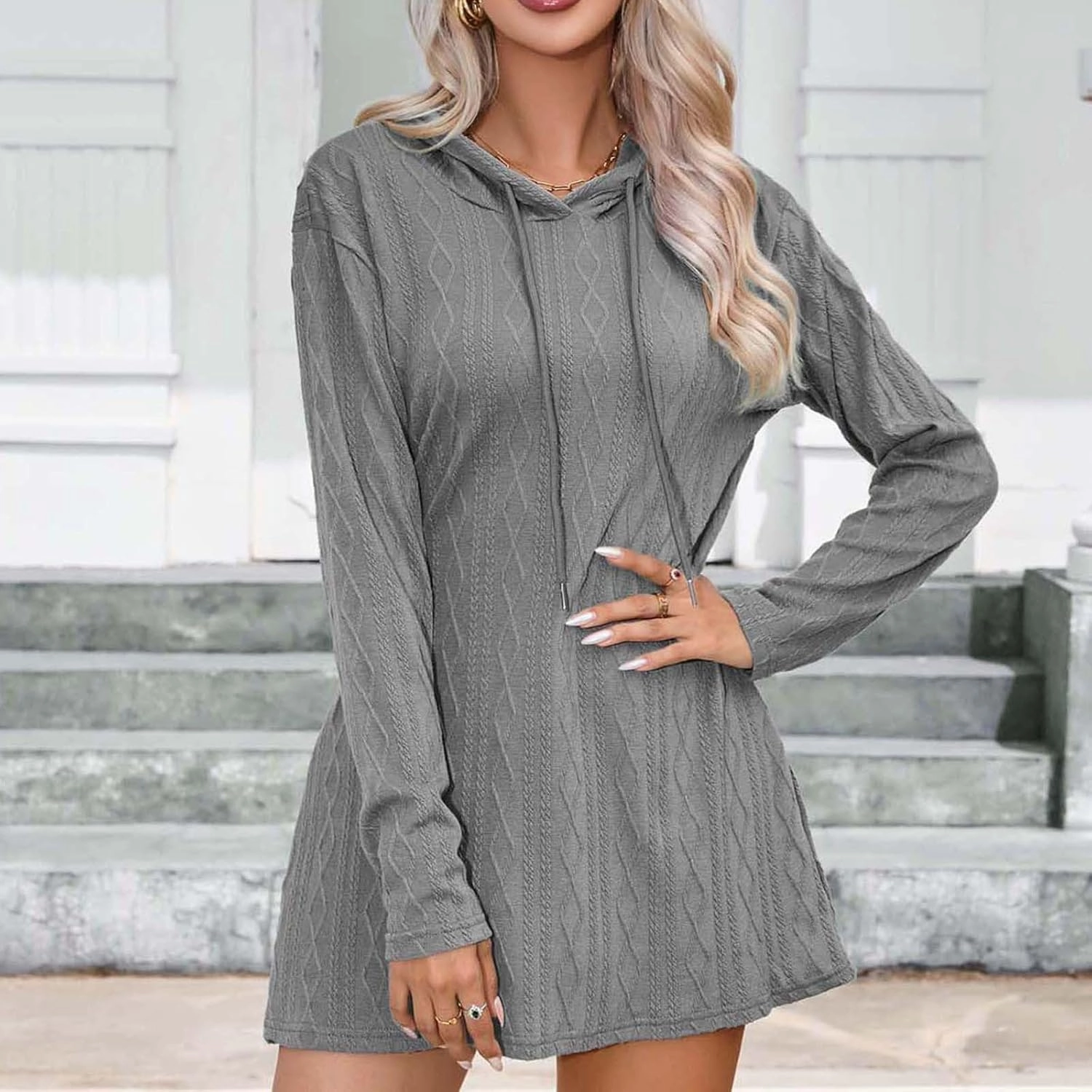 Womens Dress Fall Winter Long Sleeve Front A Line Swing Hooded Knit Dress Loose Casual Long Sleeve Comfy Mini Dresses