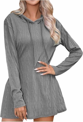 Womens Dress Fall Winter Long Sleeve Front A Line Swing Hooded Knit Dress Loose Casual Long Sleeve Comfy Mini Dresses