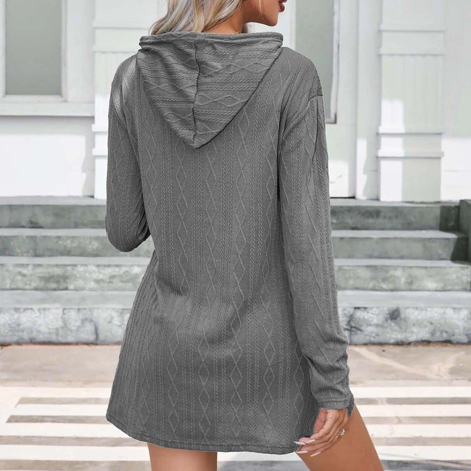 Womens Dress Fall Winter Long Sleeve Front A Line Swing Hooded Knit Dress Loose Casual Long Sleeve Comfy Mini Dresses