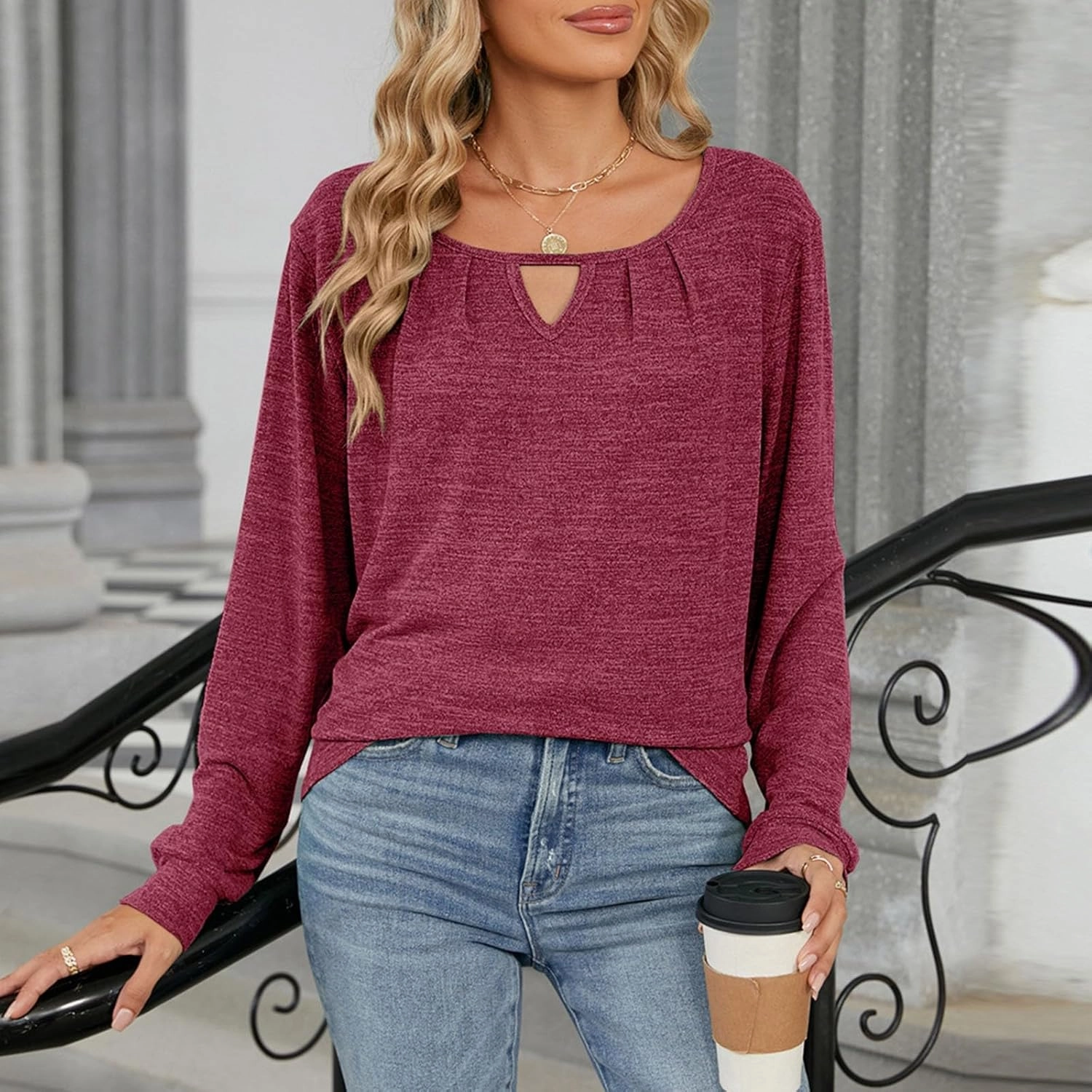 Womens Fall t Shirt Long Sleeve Front Key Hole Ruched Casual Pullover Tops Loose Fit Going Out Outfits Clothes