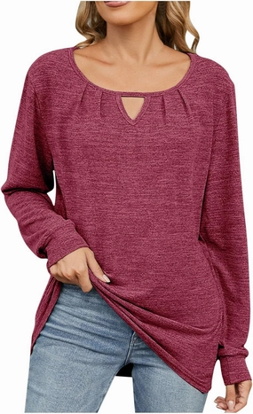 Womens Fall t Shirt Long Sleeve Front Key Hole Ruched Casual Pullover Tops Loose Fit Going Out Outfits Clothes