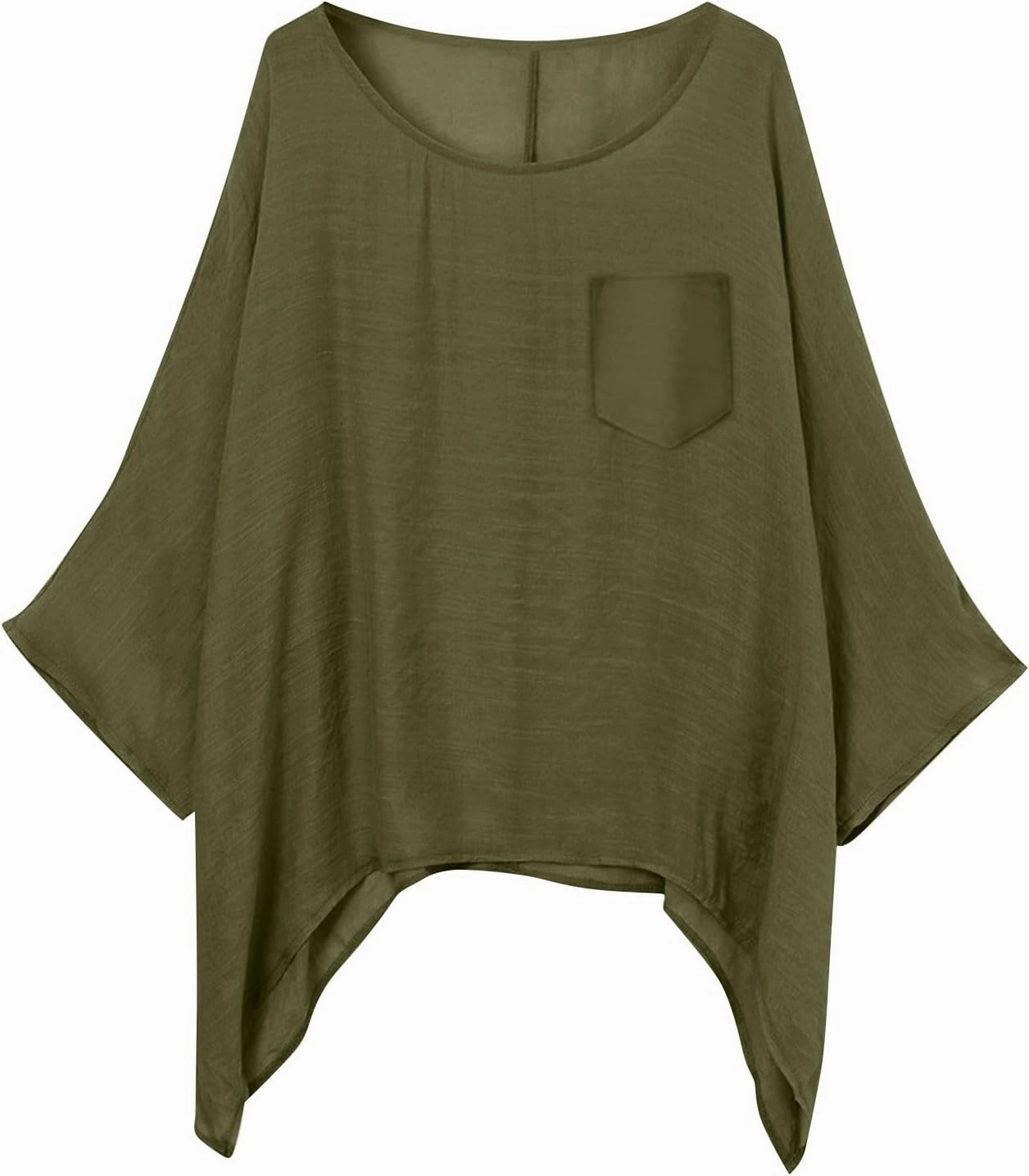 Womens Plus Size Cotton Linen Shirts Elegant 3/4 Sleeve Round Neck Summer Cape Blouses Casual Loose Fit Tunic Tops
