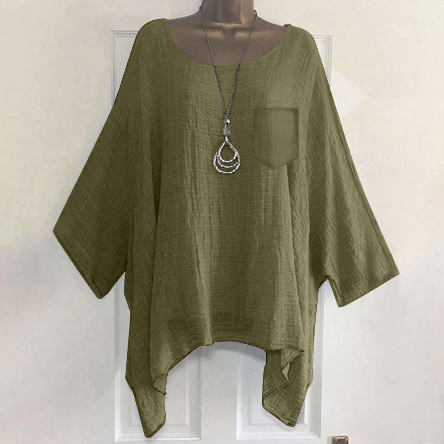 Womens Plus Size Cotton Linen Shirts Elegant 3/4 Sleeve Round Neck Summer Cape Blouses Casual Loose Fit Tunic Tops