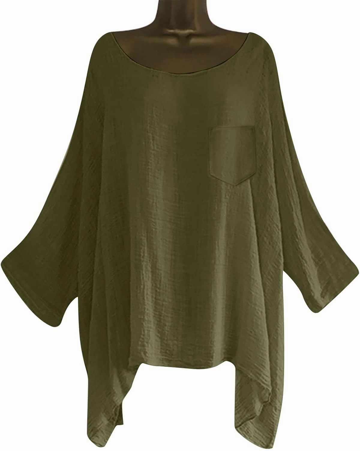 Womens Plus Size Cotton Linen Shirts Elegant 3/4 Sleeve Round Neck Summer Cape Blouses Casual Loose Fit Tunic Tops