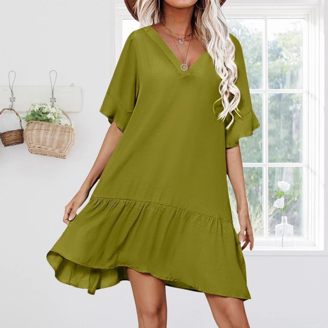 Womens Ruffle Midi Dress Summer Swimsuit Coverups Sexy V Neck Bathing Suit Cover Ups Casual Loose Short Sleeve Dress
