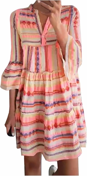 Womens Summer Casual V-Neck 3/4 Sleeve Sundress Boho Print Hawaiian Beach Dress Flowy Swing Vacation Mini Dress
