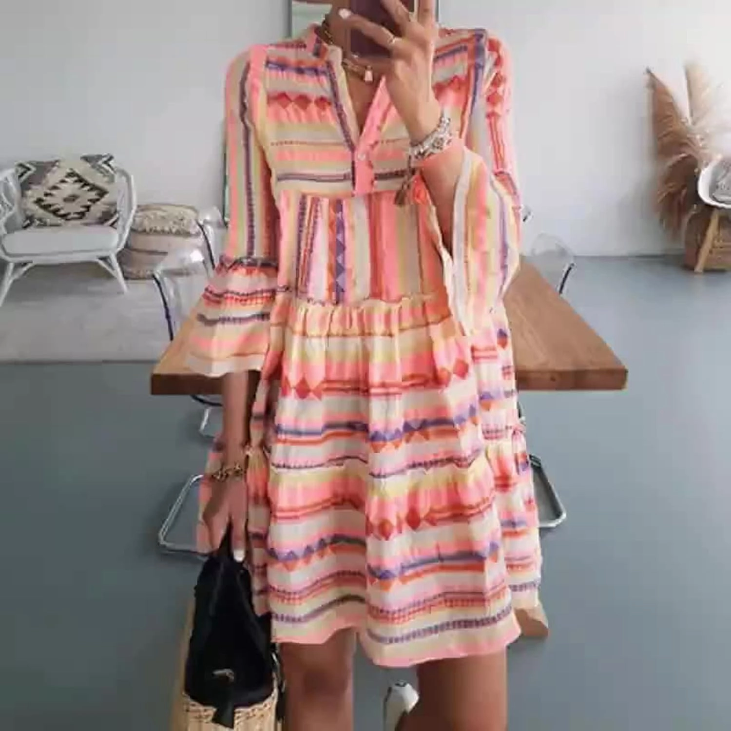 Womens Summer Casual V-Neck 3/4 Sleeve Sundress Boho Print Hawaiian Beach Dress Flowy Swing Vacation Mini Dress