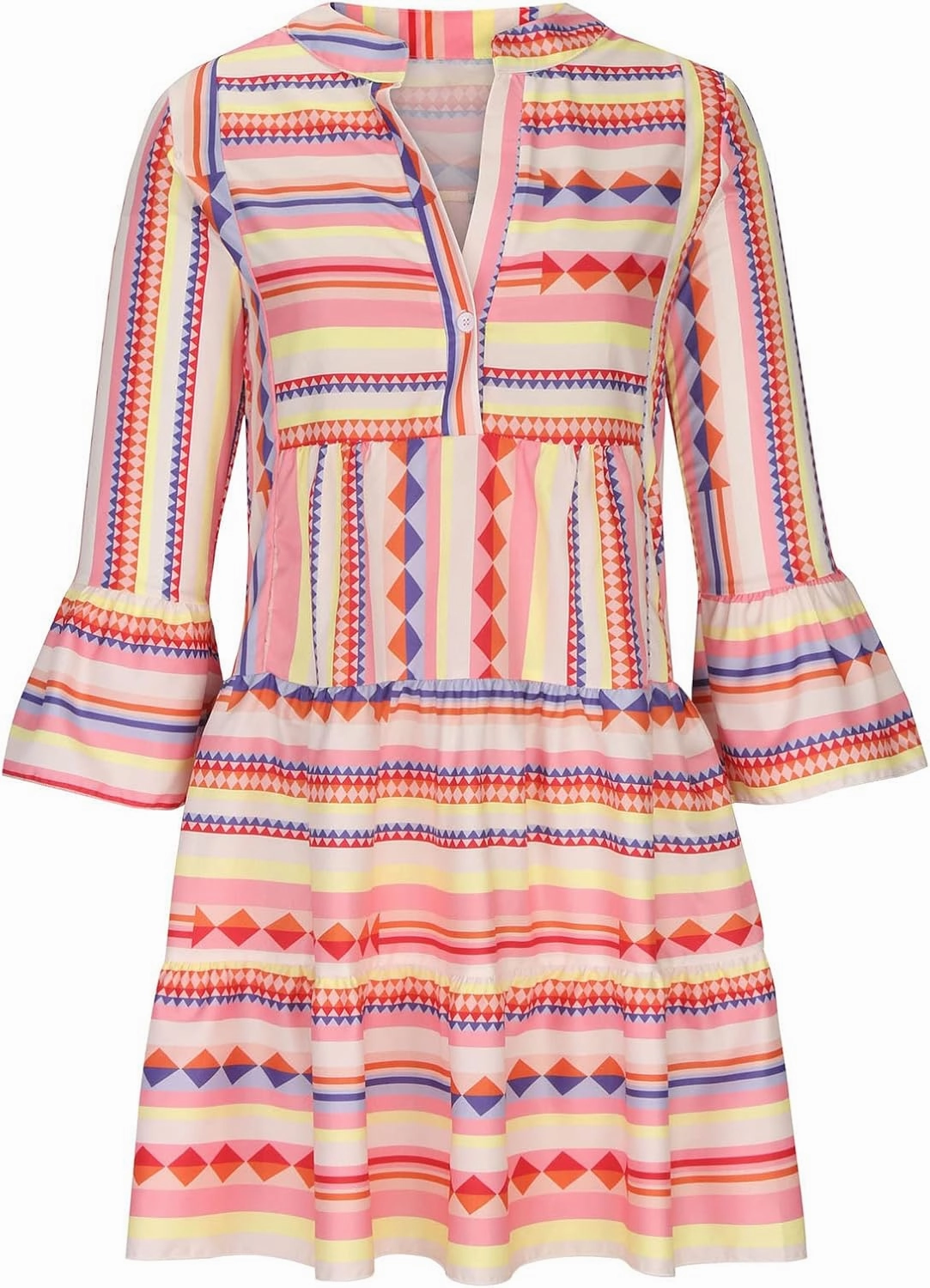 Womens Summer Casual V-Neck 3/4 Sleeve Sundress Boho Print Hawaiian Beach Dress Flowy Swing Vacation Mini Dress