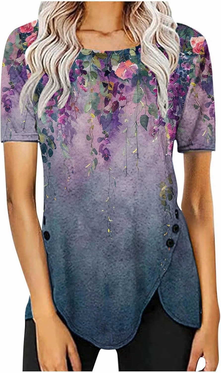 Womens Summer Tops Casual Short Sleeve Side Button Tunci Shirts Cute Floral Tops Casual Ladies Summer Tops 2024
