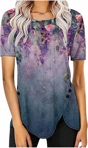 Womens Summer Tops Casual Short Sleeve Side Button Tunci Shirts Cute Floral Tops Casual Ladies Summer Tops 2024