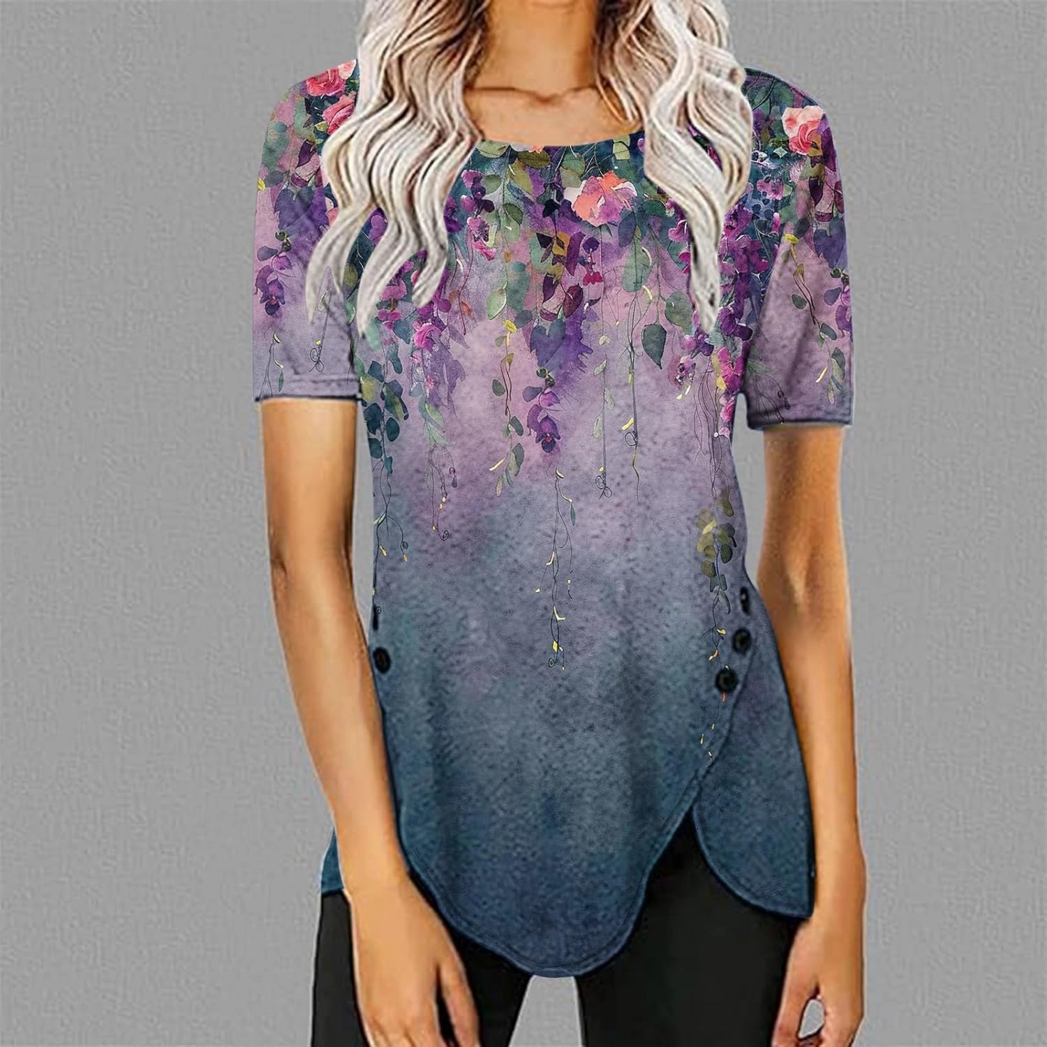 Womens Summer Tops Casual Short Sleeve Side Button Tunci Shirts Cute Floral Tops Casual Ladies Summer Tops 2024