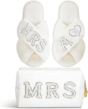 Xtinmee Personalized Initial Wedding Bride Slippers MRS Pearl Letter Makeup Bag Bridal Shower Gifts for Wedding Day (A)