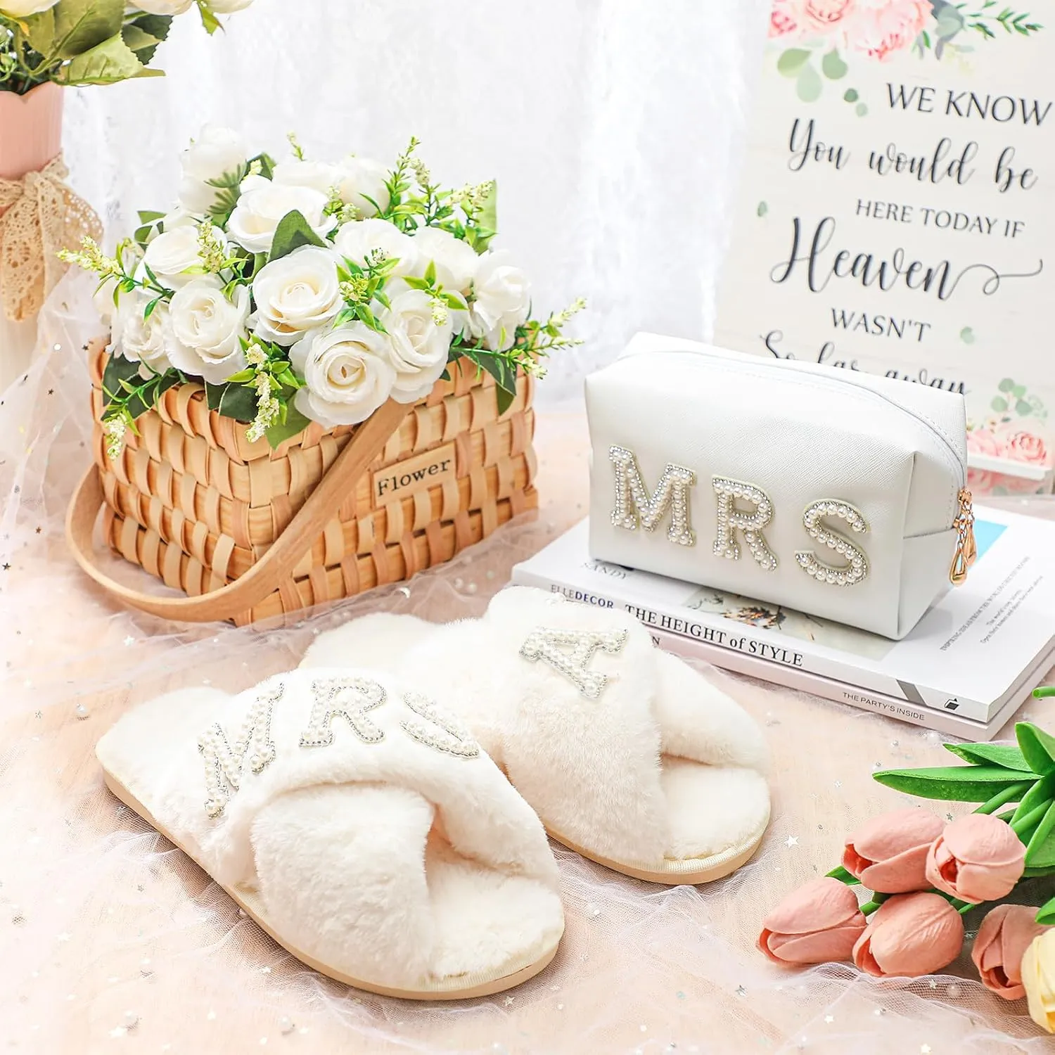 Xtinmee Personalized Initial Wedding Bride Slippers MRS Pearl Letter Makeup Bag Bridal Shower Gifts for Wedding Day (A)