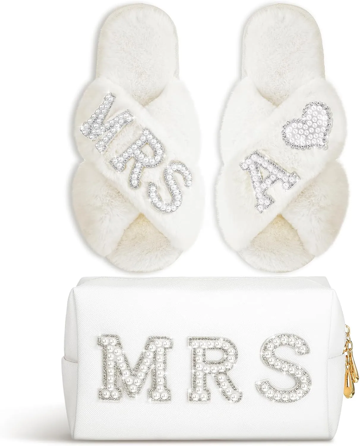 Xtinmee Personalized Initial Wedding Bride Slippers MRS Pearl Letter Makeup Bag Bridal Shower Gifts for Wedding Day (A)