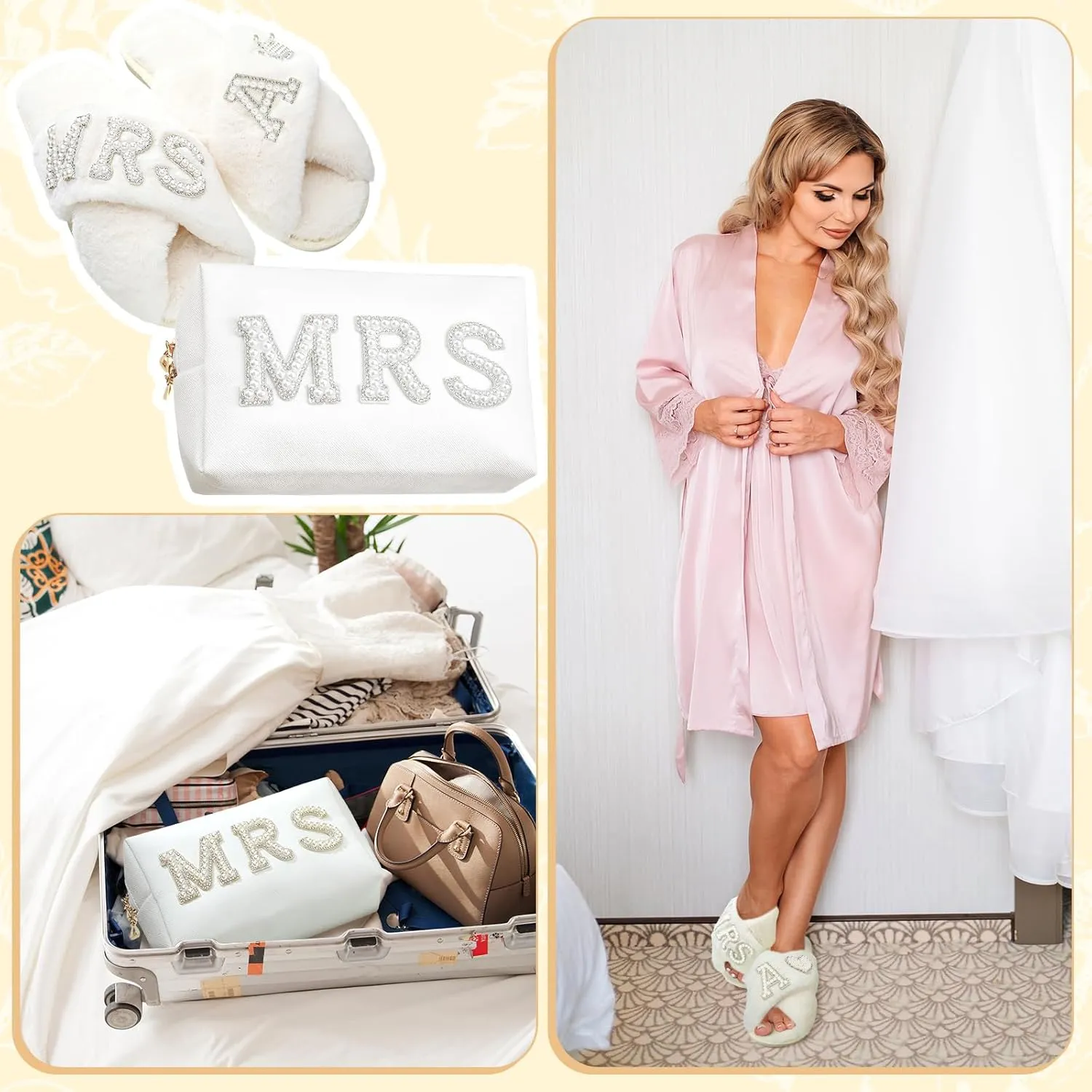 Xtinmee Personalized Initial Wedding Bride Slippers MRS Pearl Letter Makeup Bag Bridal Shower Gifts for Wedding Day (A)