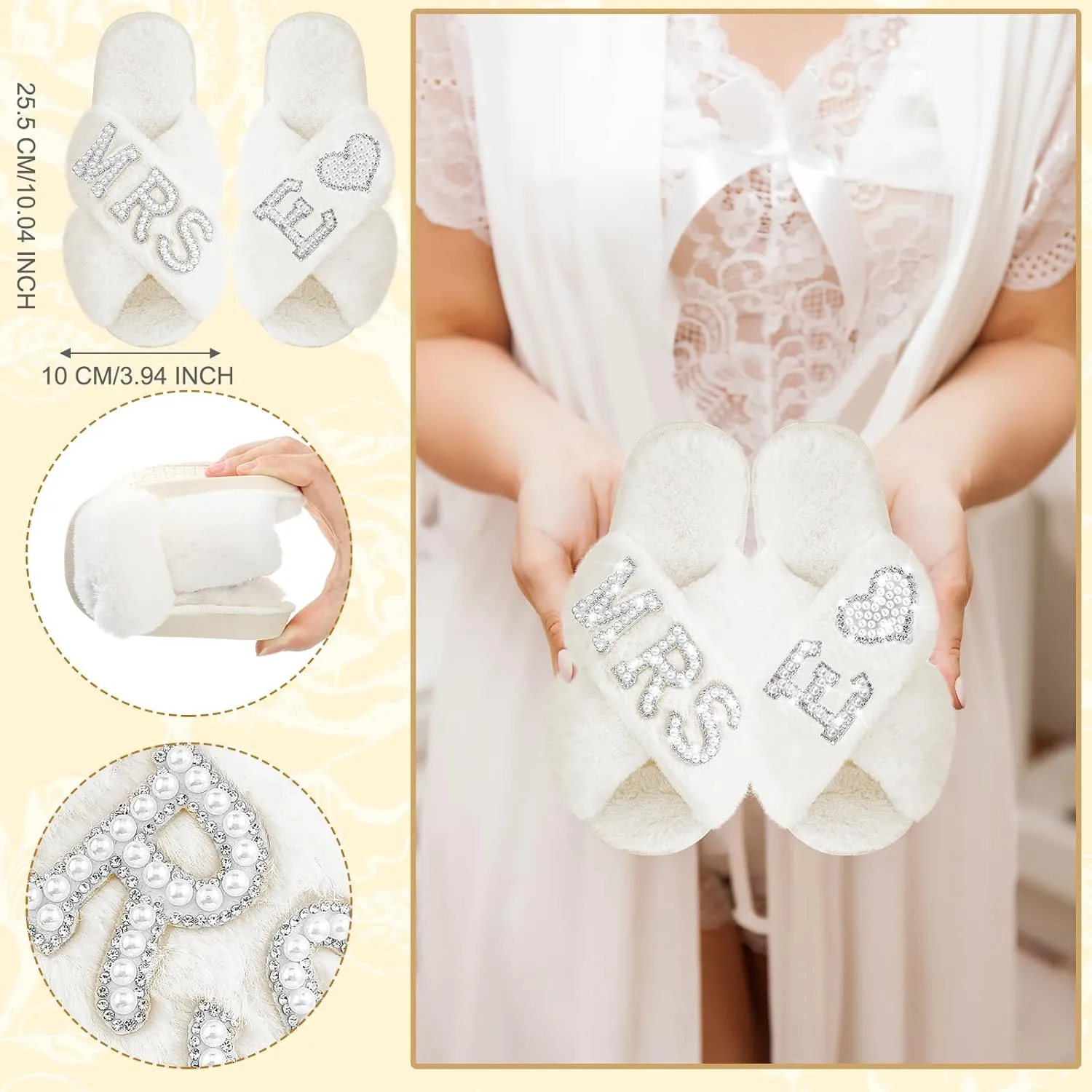 Xtinmee Personalized Initial Wedding Bride Slippers MRS Pearl Letter Makeup Bag Bridal Shower Gifts for Wedding Day (E)