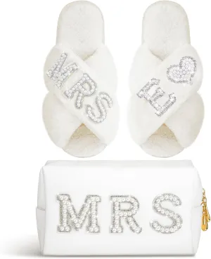 Xtinmee Personalized Initial Wedding Bride Slippers MRS Pearl Letter Makeup Bag Bridal Shower Gifts for Wedding Day (E)