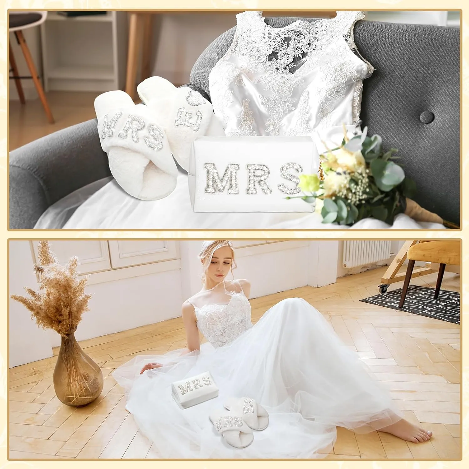 Xtinmee Personalized Initial Wedding Bride Slippers MRS Pearl Letter Makeup Bag Bridal Shower Gifts for Wedding Day (E)