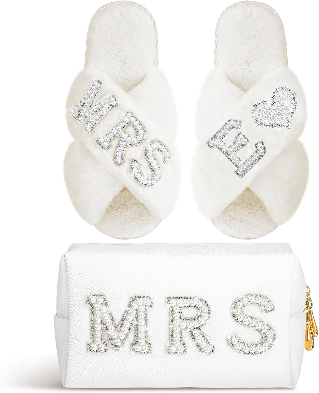 Xtinmee Personalized Initial Wedding Bride Slippers MRS Pearl Letter Makeup Bag Bridal Shower Gifts for Wedding Day (E)
