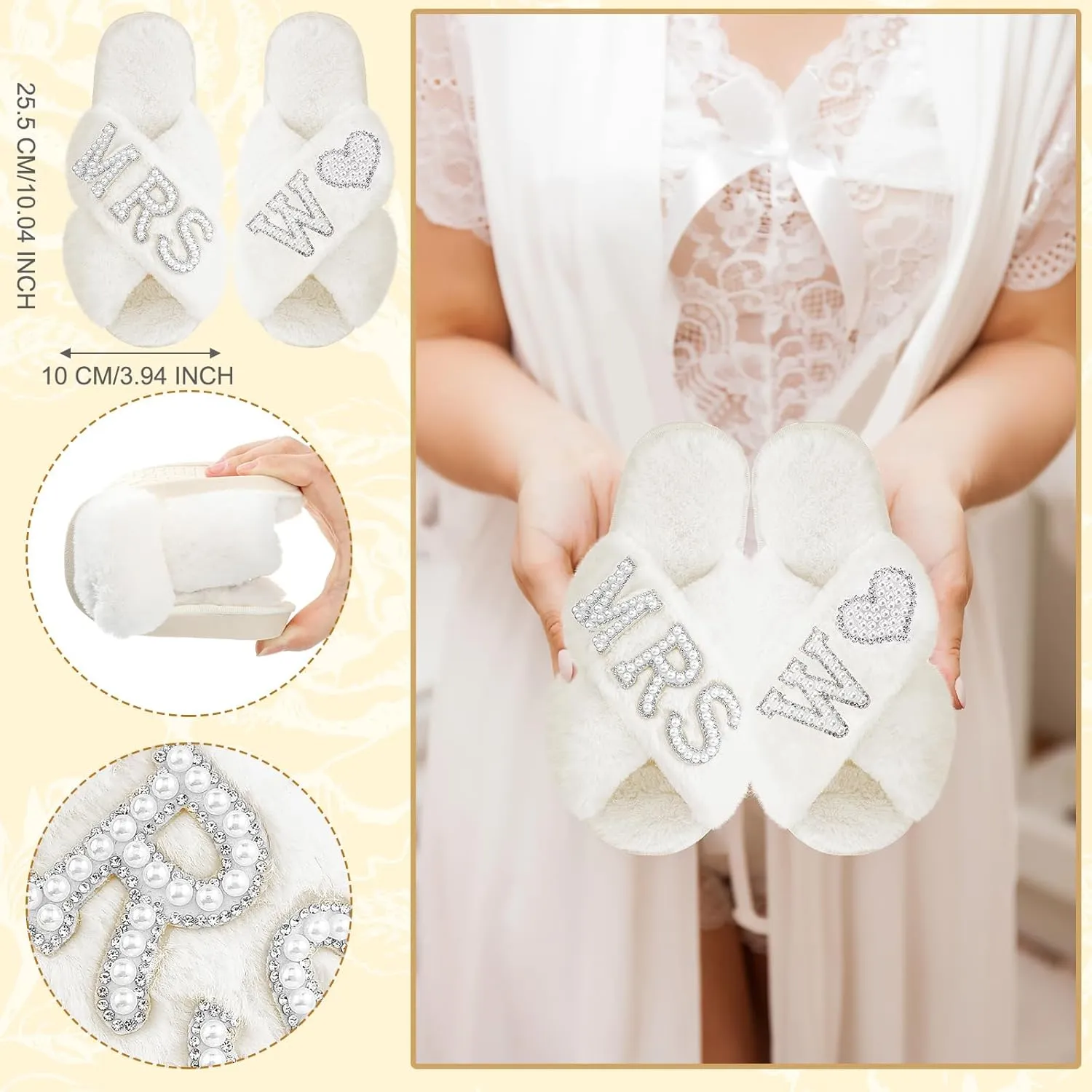 Xtinmee Personalized Initial Wedding Bride Slippers MRS Pearl Letter Makeup Bag Bridal Shower Gifts for Wedding Day (W)