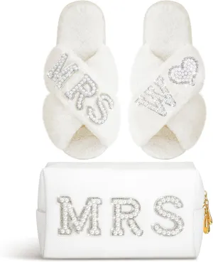 Xtinmee Personalized Initial Wedding Bride Slippers MRS Pearl Letter Makeup Bag Bridal Shower Gifts for Wedding Day (W)
