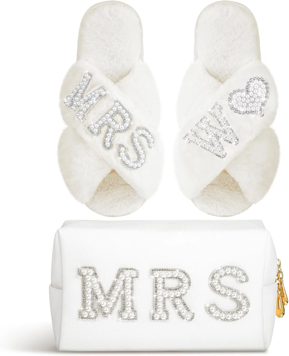 Xtinmee Personalized Initial Wedding Bride Slippers MRS Pearl Letter Makeup Bag Bridal Shower Gifts for Wedding Day (W)