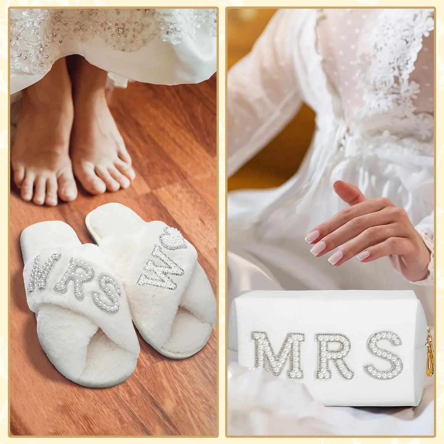 Xtinmee Personalized Initial Wedding Bride Slippers MRS Pearl Letter Makeup Bag Bridal Shower Gifts for Wedding Day (W)